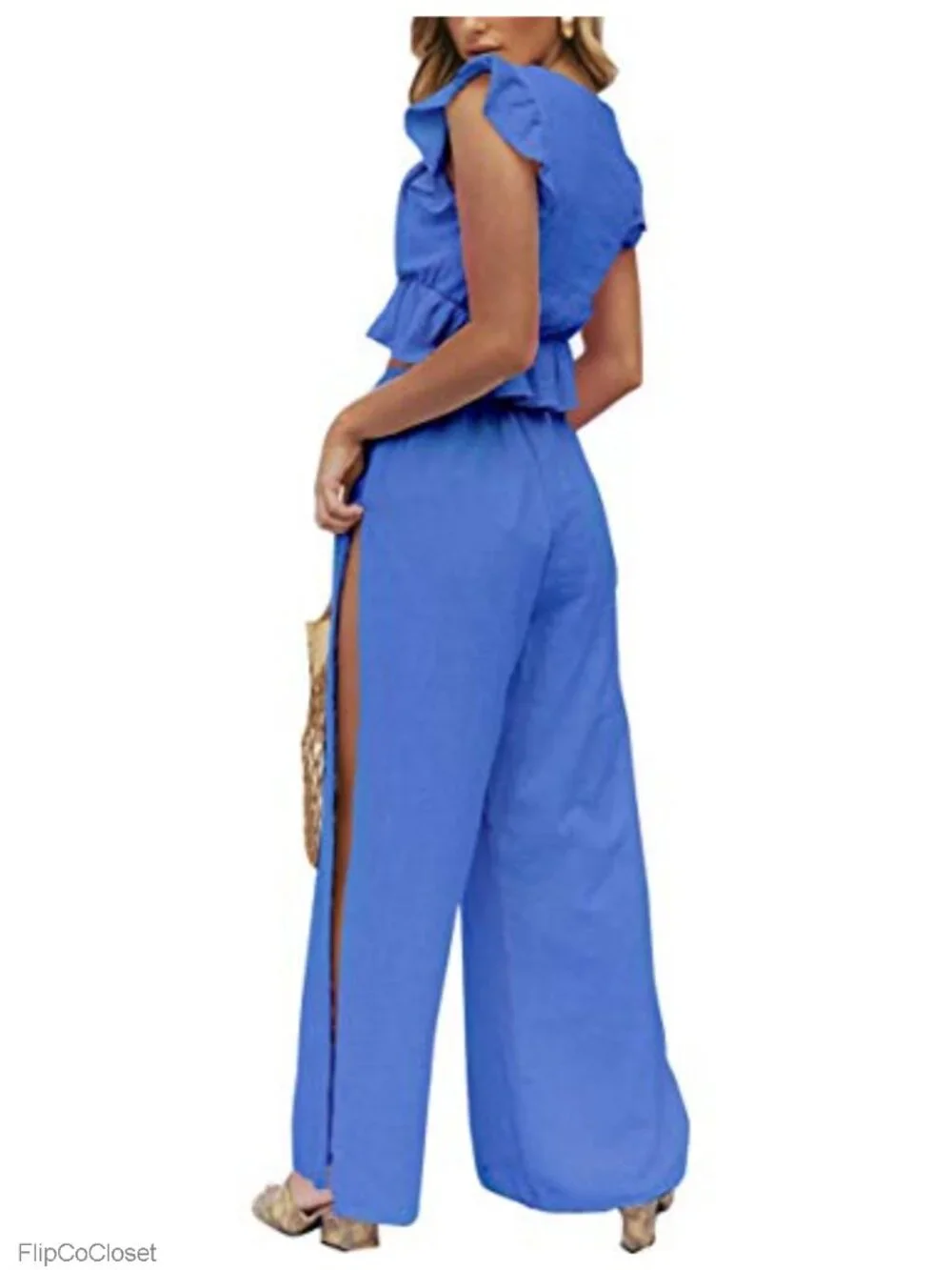 Women's 2 Piece Outfit V Neck Ruffle Crop Top Wide Leg Pants 65% Cotton 35%